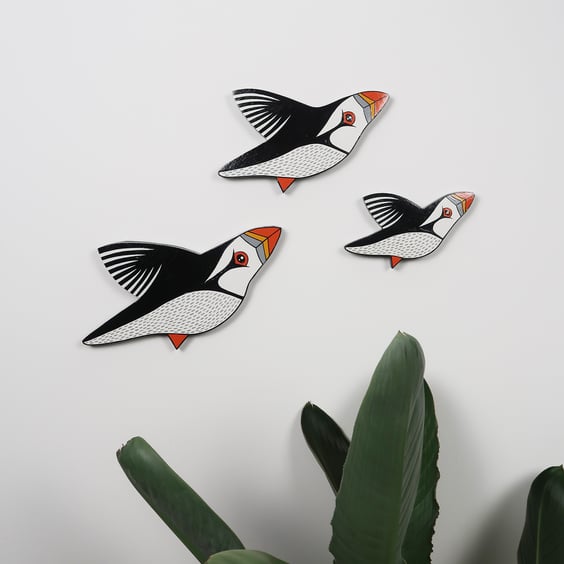 Puffin wall art, set of 3 flying birds, wooden hand painted home decor.