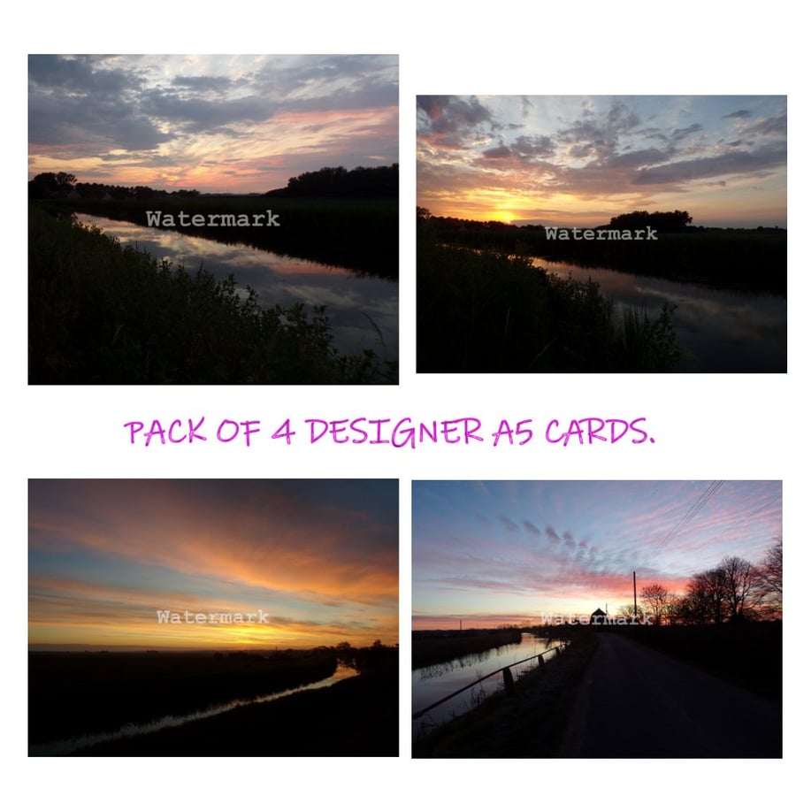  Pack of 4  Norfolk Sunset & Sunrises Blank Inside A5 Cards With Envelopes.