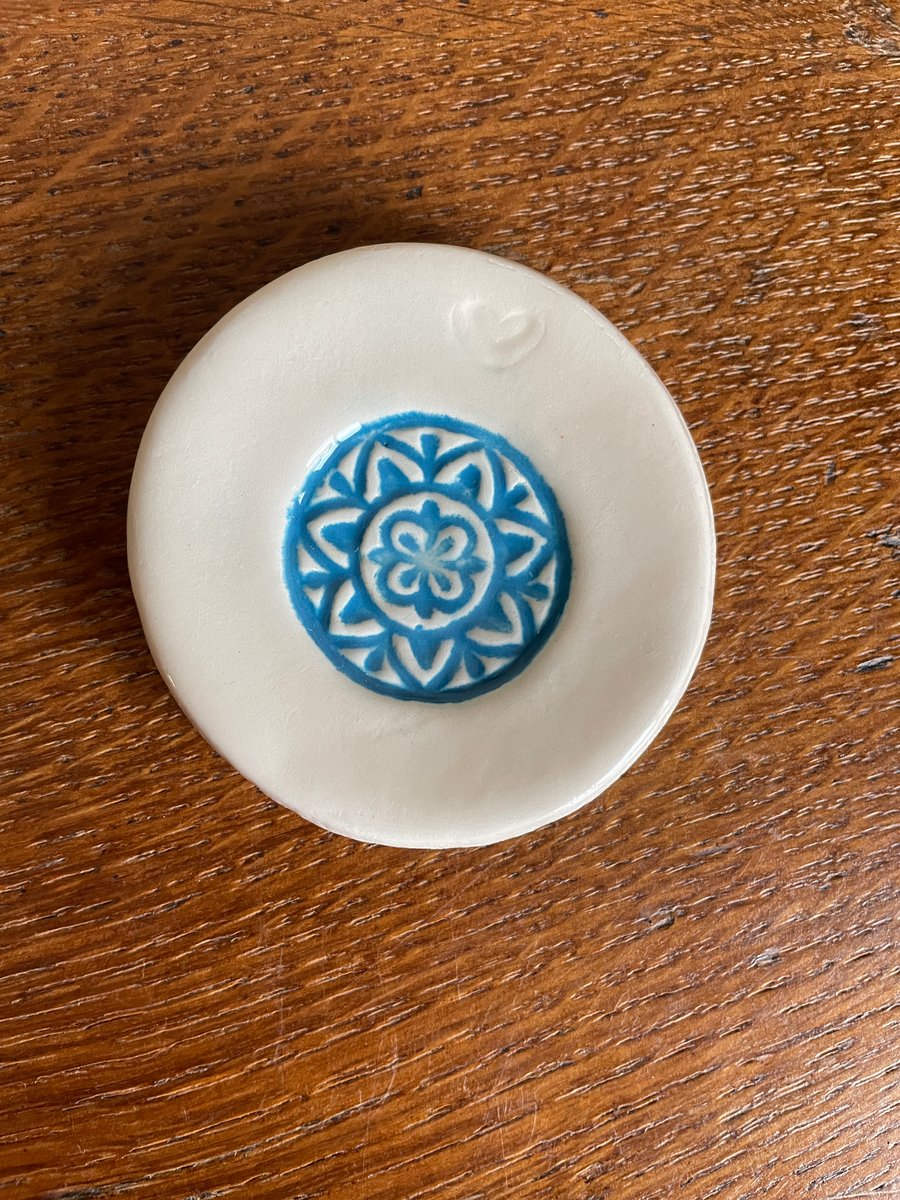 SALE! - Ceramic ring dish with aqua-blue mandala