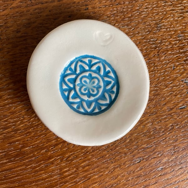 SALE! - Ceramic ring dish with aqua-blue mandala