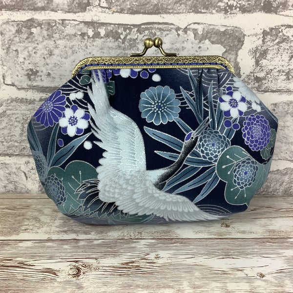 Oriental Cranes small fabric frame clutch makeup bag handbag purse