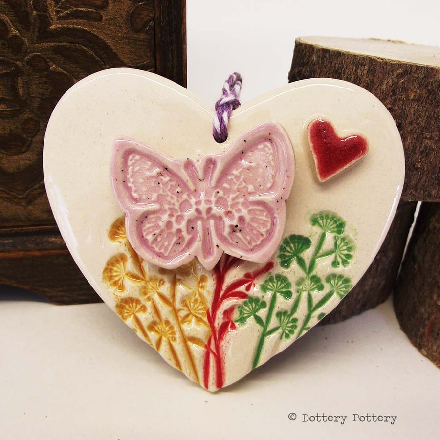 Ceramic heart floral decoration Butterfly gift for gardeners, pottery heart 