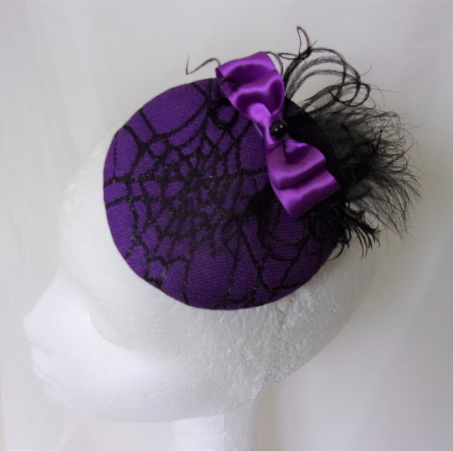 Black & Purple Cobweb Cocktail Percher Hat Fascinator 