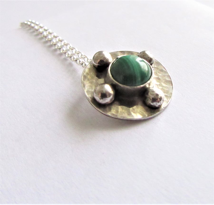 Round malachite pendant - small celtic recycled silver pendant