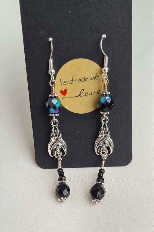 Dangly Bat Earrings With Faceted Glass Beads
