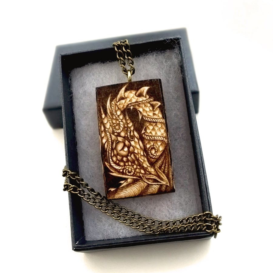 Curious Dragon Pendant, Wood Pyrography Dragon Necklace, Ideal Dragon Lover Gift