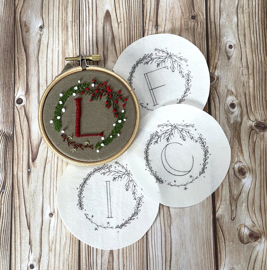 Pack of personalised Christmas embroidery wreaths with custom initials