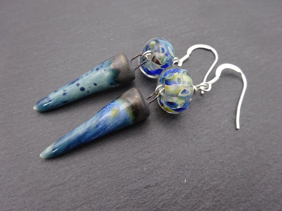 blue lampwork glass and ceramic earrings