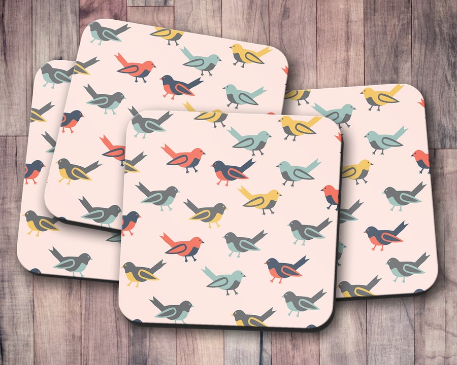 Set of 4 Pink with Multicoloured Birds Design Coasters