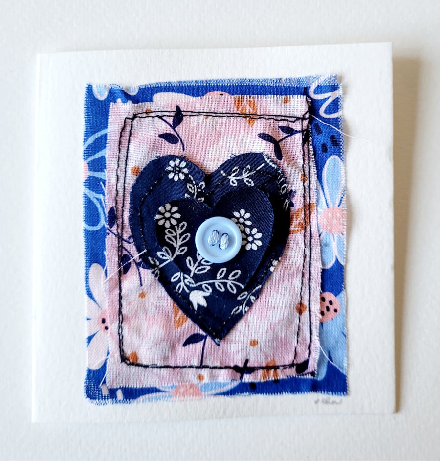 Handmade 'Blue Floral Heart with Button' Fabric Blank Greeting Card 