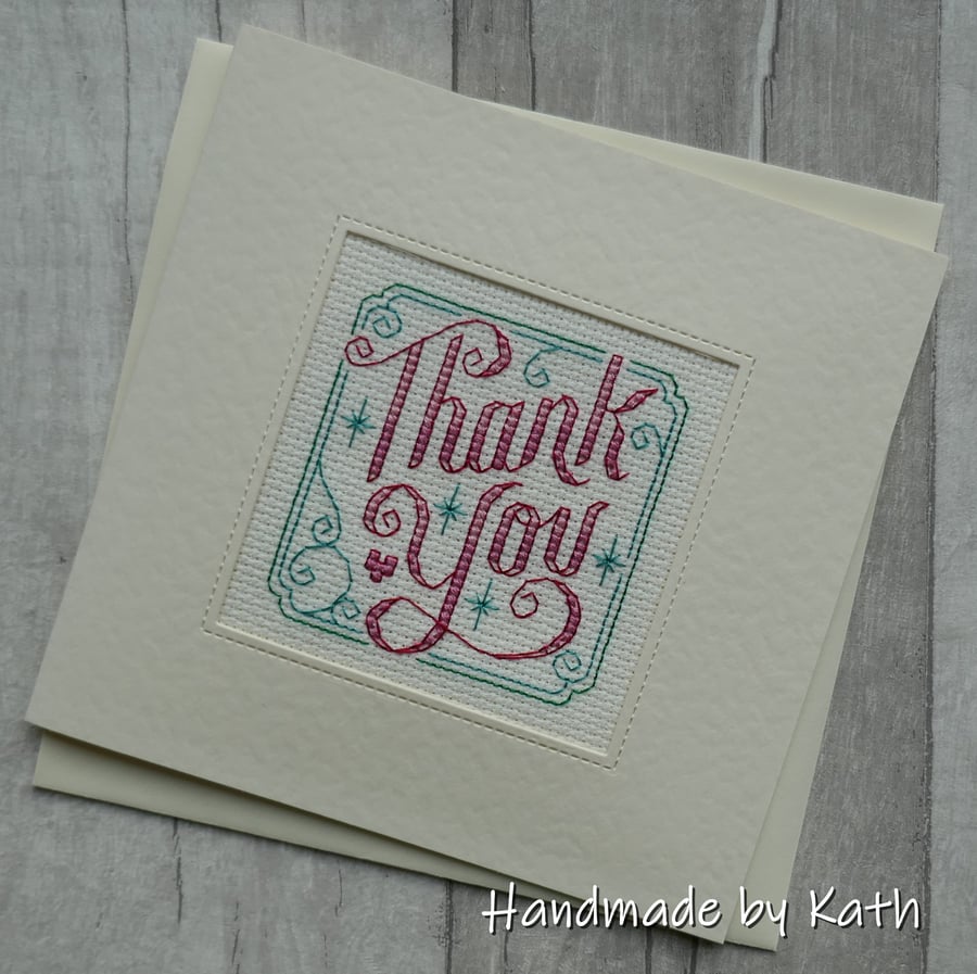 Cross Stitch Card with Pink 'Thank You' Design