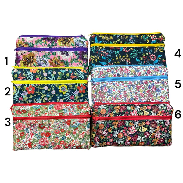 Liberty fabric two pocket pouch, double pocket cosmetics case, 2 section pencil 