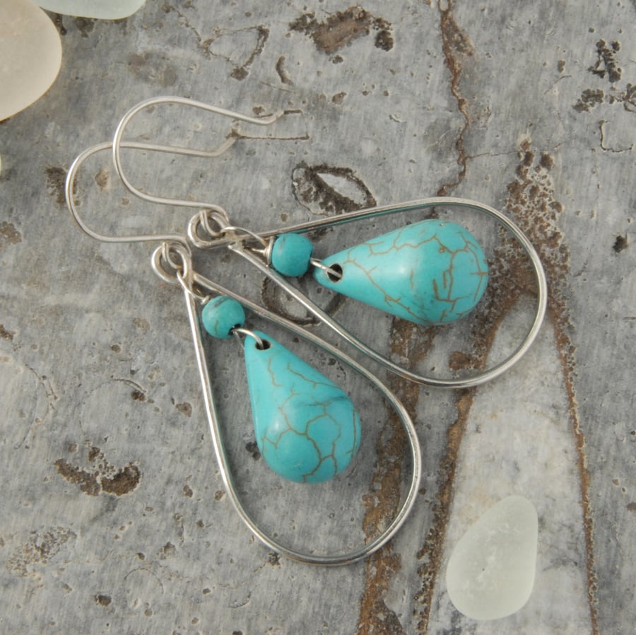Sterling silver and turquoise frame drop earrings