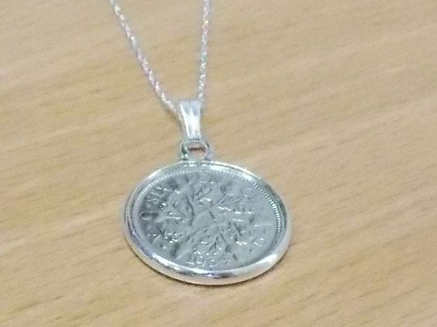 1934 90th Birthday Anniversary sixpence coin pendant plus 18inch SS chain gift