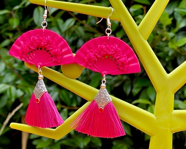 ACRYLIC FAN EARRINGS hot pink tassel fringe retro cool gift for her