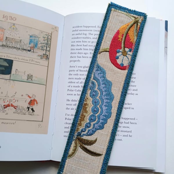 Textile bookmark - Blue and red embroidered curtain and wool fabrics reclaimed