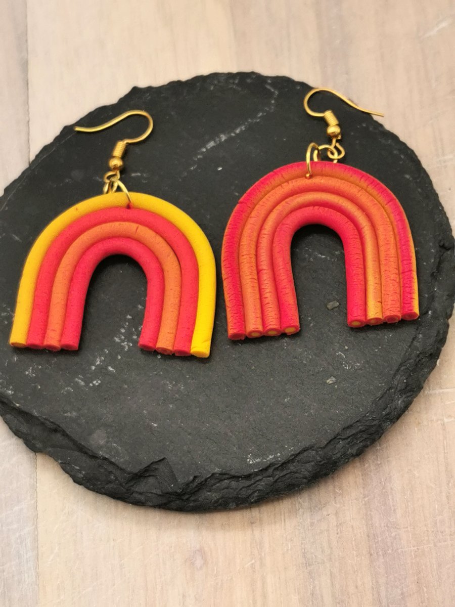 Handmade, Contemporary Arch Earrings in Yellow, Red, Orange Tones. 