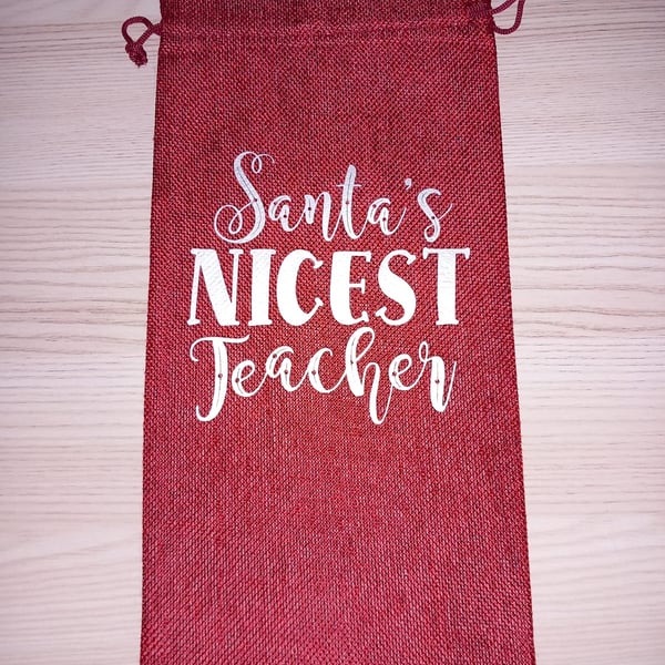 Santa's Nicest Teacher Reusable Hessian Wine Bottle Bag Christmas Teacher Gift