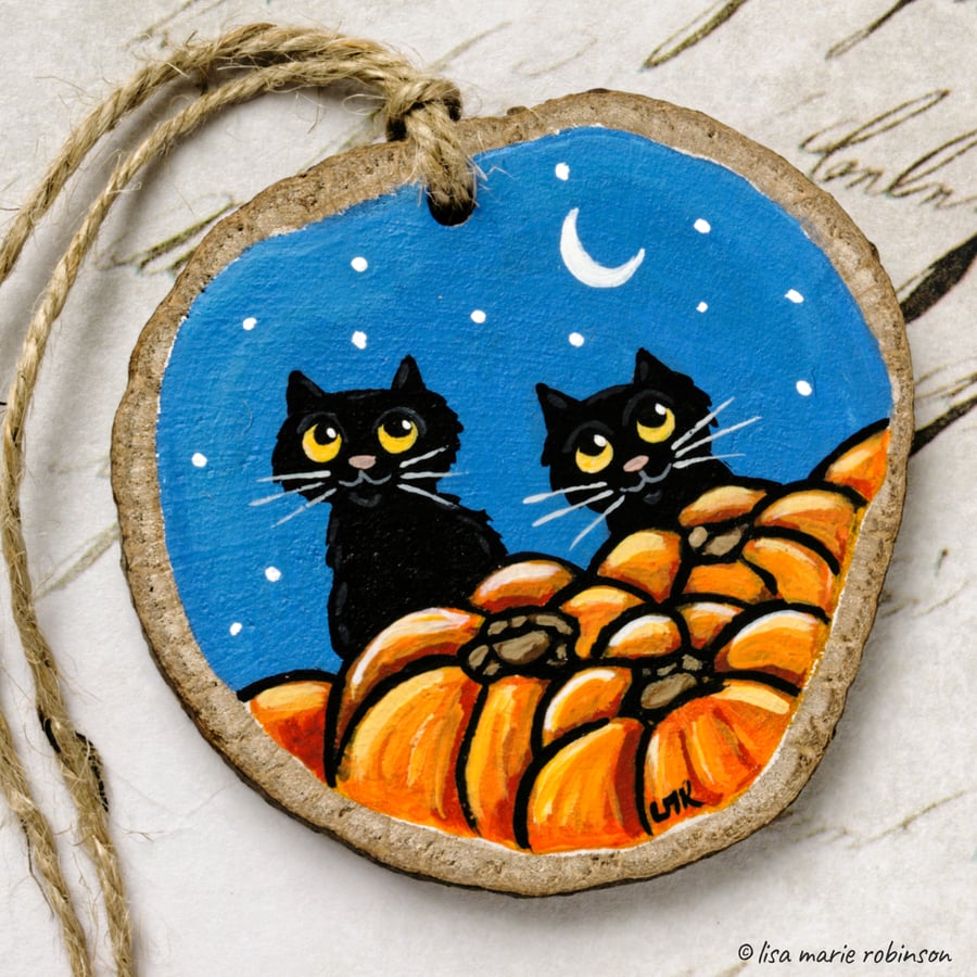 2 Black Cats with Pumpkins Wooden Slice Rustic Halloween Hanging Decoration