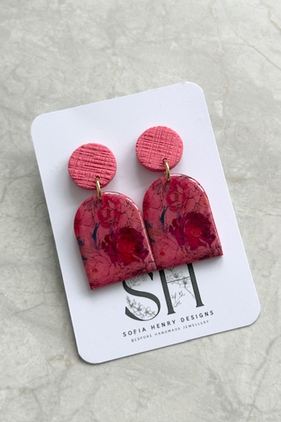 Handmade Polymer Clay Arch Drop Earrings – Pink Floral Design