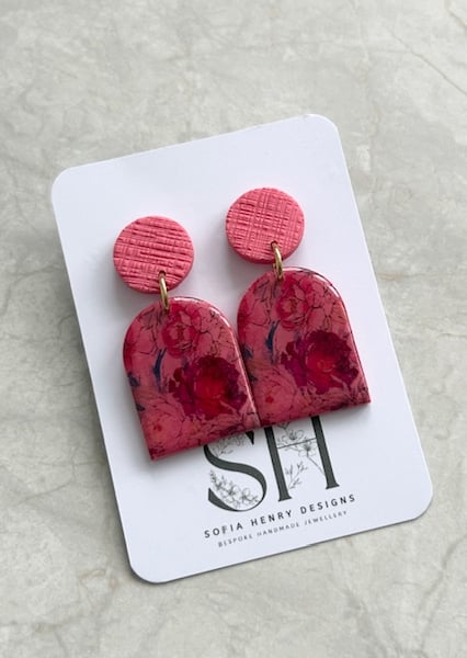 Handmade Polymer Clay Arch Drop Earrings – Pink Floral Design