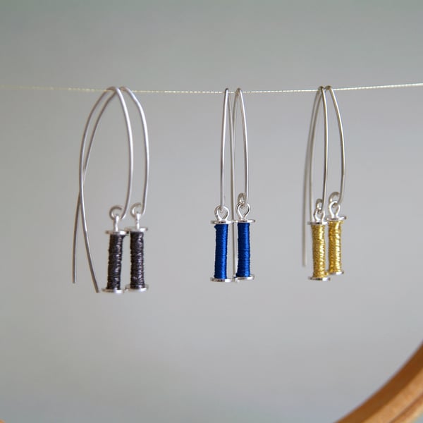 Silver Bobbin Earrings - Sewing Gift, Cotton Anniversary Gift, Seamstress Gift 