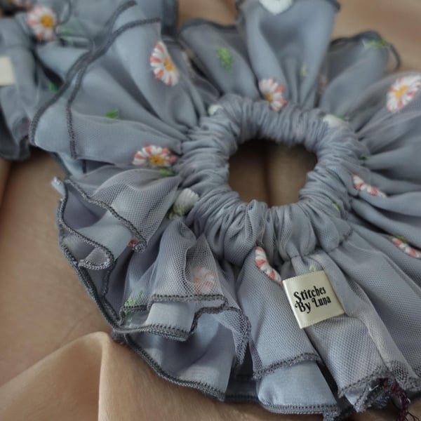 Silver Grey Satin Tulle Net XL Scrunchies, Daisy Lacey Ruffle Frill Scrunchies