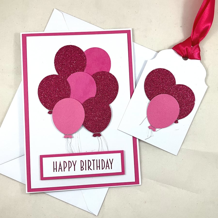 Handmade pink balloons birthday card with matching gift tag