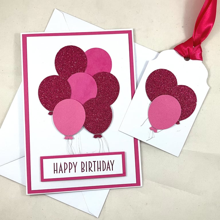 Handmade pink balloons birthday card with matching gift tag