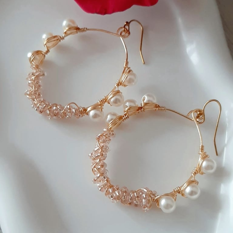 Pink White Beaded Oval Earrings Wire Wrapped Boho Drop Dangle Handmade For Her