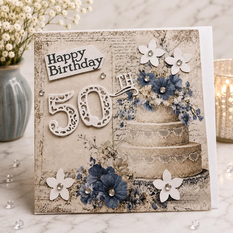 Handmade 50th Birthday Card Vintage Floral Cake, Personalised Age, Keepsake Gree