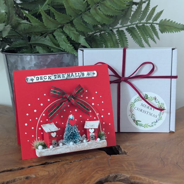 Deck The Halls Christmas Card with Handmade Wooden Christmas Decoration Gift 
