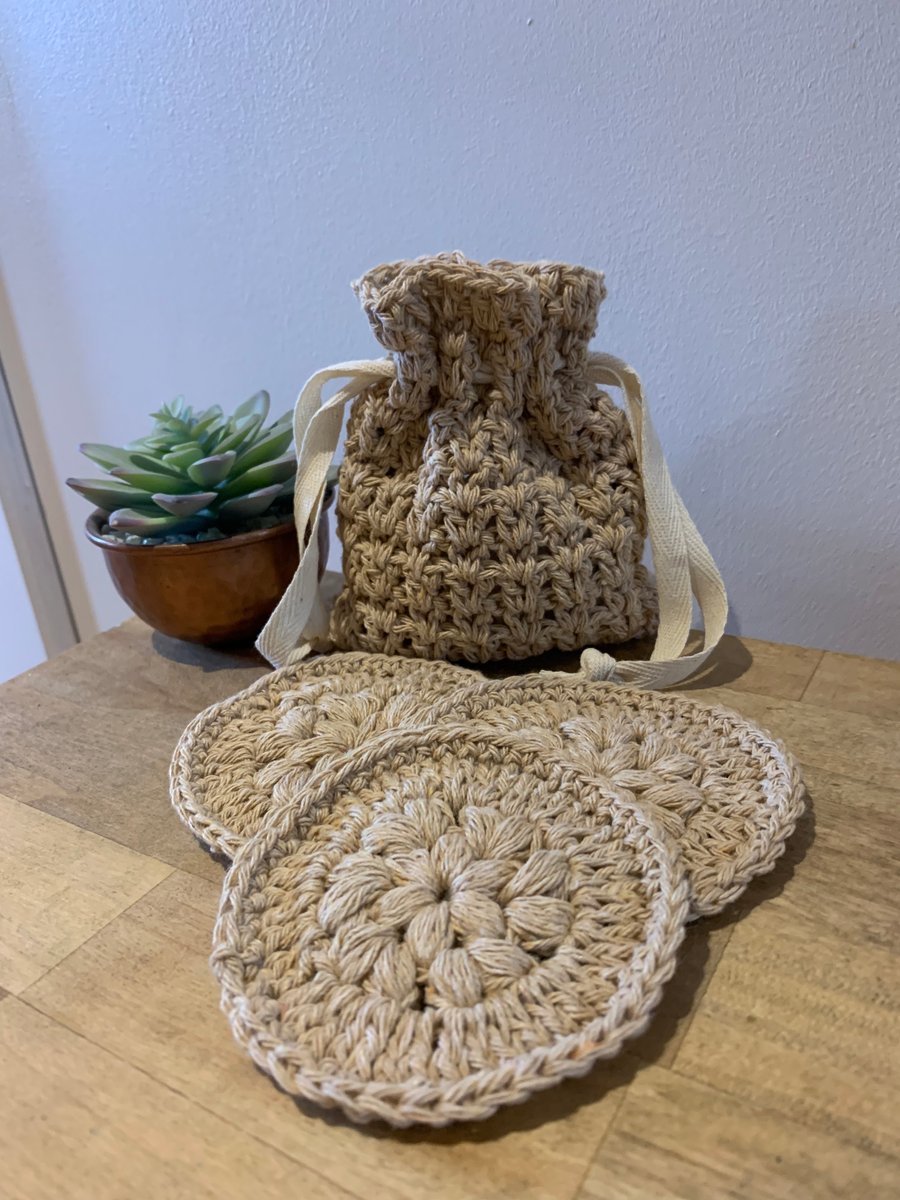 Reusable crocheted face scrubbies with matching bag
