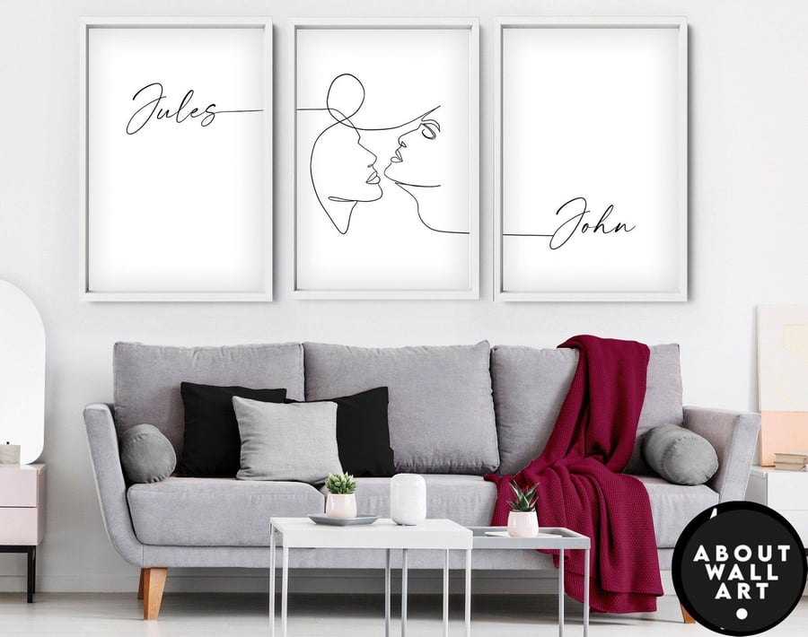 Our First Home 3 Piece Wall Art, Line Drawing, Male and Female Prints, Above Bed