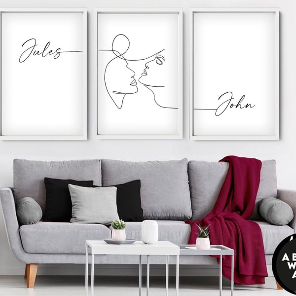 Our First Home 3 Piece Wall Art, Line Drawing, Male and Female Prints, Above Bed