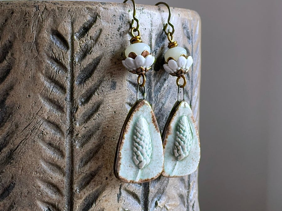 Sage Green Earrings with Artisan Ceramic Wild Grass Charms. Nature Inspired.