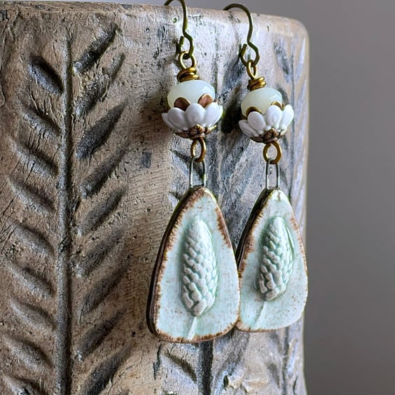 Sage Green Earrings with Artisan Ceramic Wild Grass Charms. Nature Inspired.