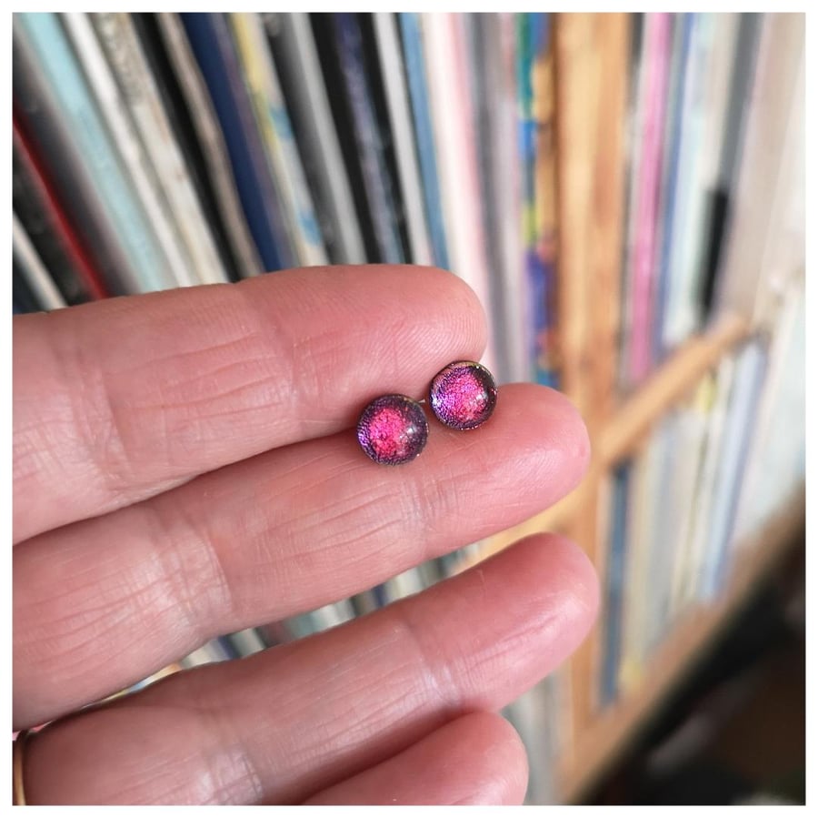 deep pink dichroic glass earrings