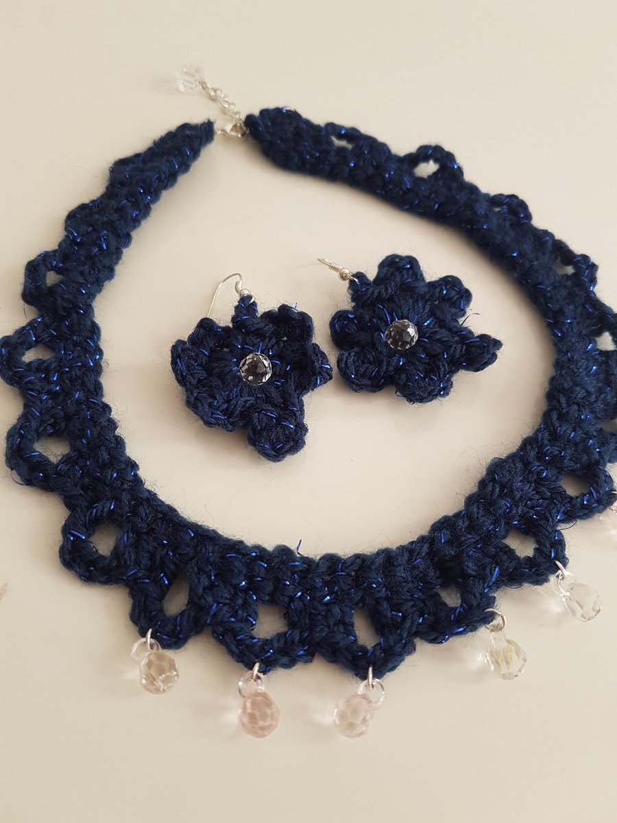 Women's Statement Crochet Sparkle Dark Blue Beaded Necklace & Drop Earring Set