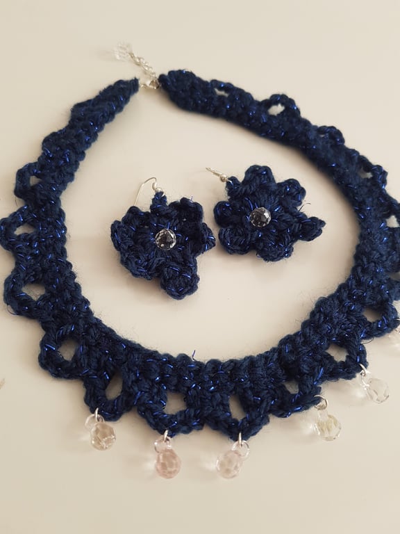 Women's Statement Crochet Sparkle Dark Blue Beaded Necklace & Drop Earring Set