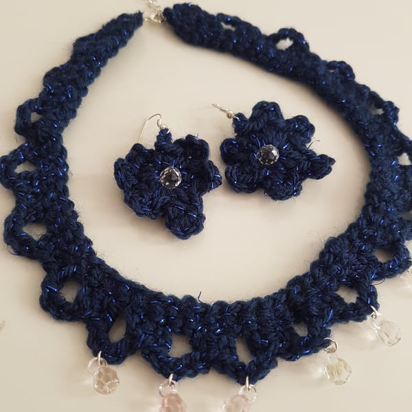 Women's Statement Crochet Sparkle Dark Blue Beaded Necklace & Drop Earring Set