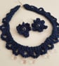 Women's Statement Crochet Sparkle Dark Blue Beaded Necklace & Drop Earring Set - Image 1