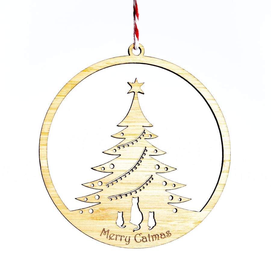 Merry Catmas Christmas Decoration. Super cute bamboo ornament for cat lovers!