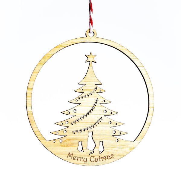 Merry Catmas Christmas Decoration. Super cute bamboo ornament for cat lovers!