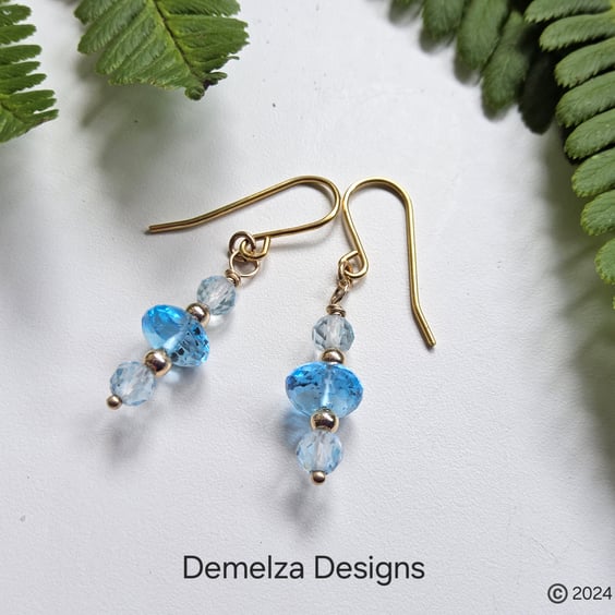 9k Solid Gold  Blue Topaz Earrings 