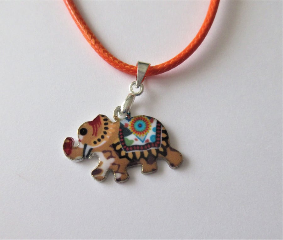 Owl Necklace Orange Cord with Cute Elephant Charm
