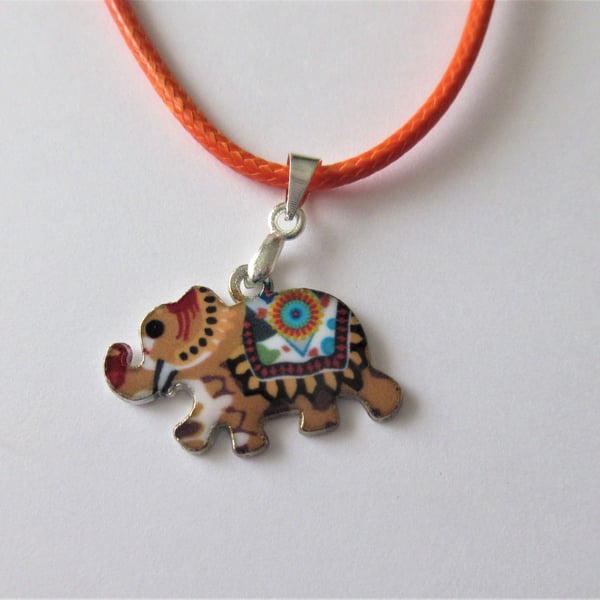 Owl Necklace Orange Cord with Cute Elephant Charm