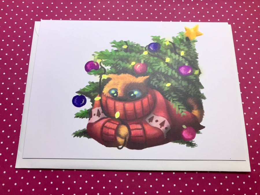 'Winter' Christmas Tree Cat blank greeting card