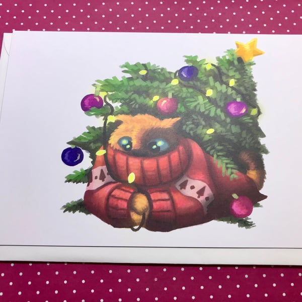 'Winter' Christmas Tree Cat blank greeting card