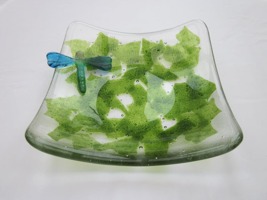 Handmade fused glass candy bowl - hovering dragonfly
